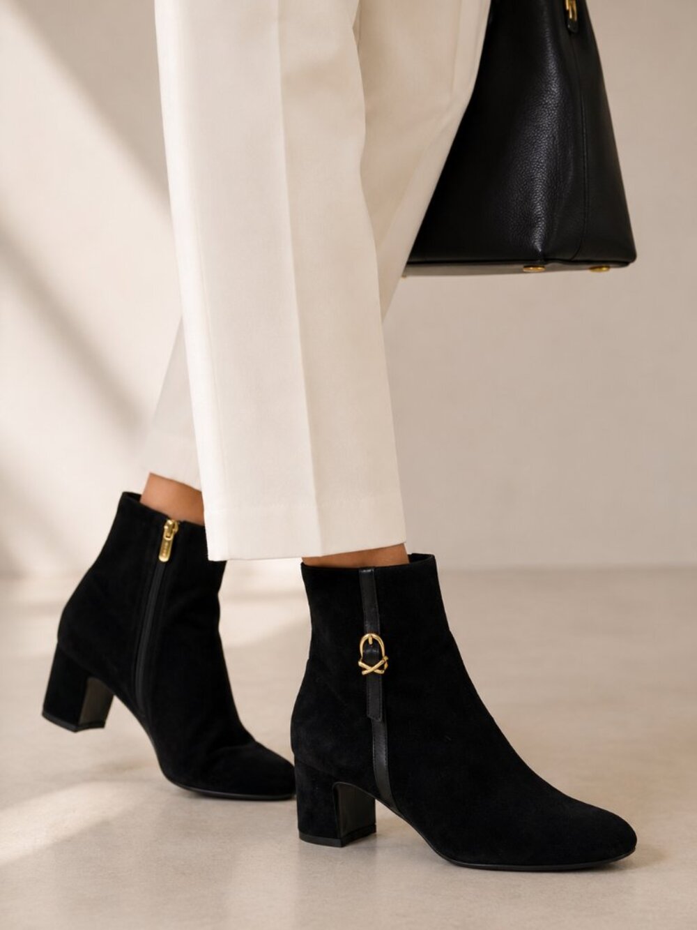 Margaux Black Suede Ankle Booties Gold Buckle Wide Size 39.5W